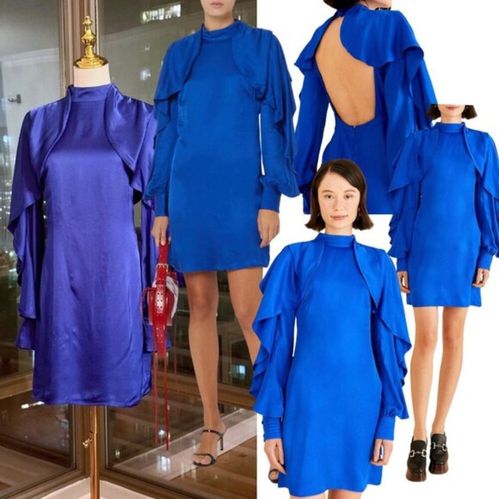 🆕 FARM Rio 🧿 NWOT Bright Blue Backless Ruffle Sleeve Mini Dress, Sz XS